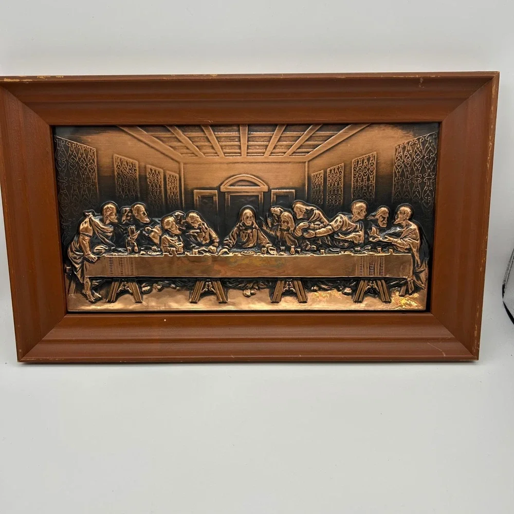 Vintage Copper Relief The Last Supper 3D Metal‎ Wall Art Plaque Framed Religious